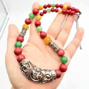 Vintage Ethnic Tribal Beaded Necklace w/ Silver Tone Scroll Statement Pendant